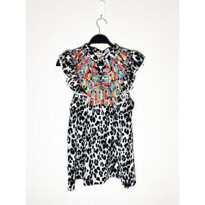 Mazik Womens Black White Leopard Print Blouse Colorful Embroidery Flutter Sleeve
